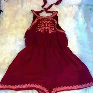 Miami Francescas Romper Burgundy Red Embroidered Boho Halter Tie Back M